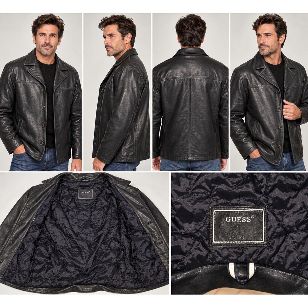 GUESS Men’s XL Black Genuine Leather Jacket Blazer Heavy Quilted Lined Vintage